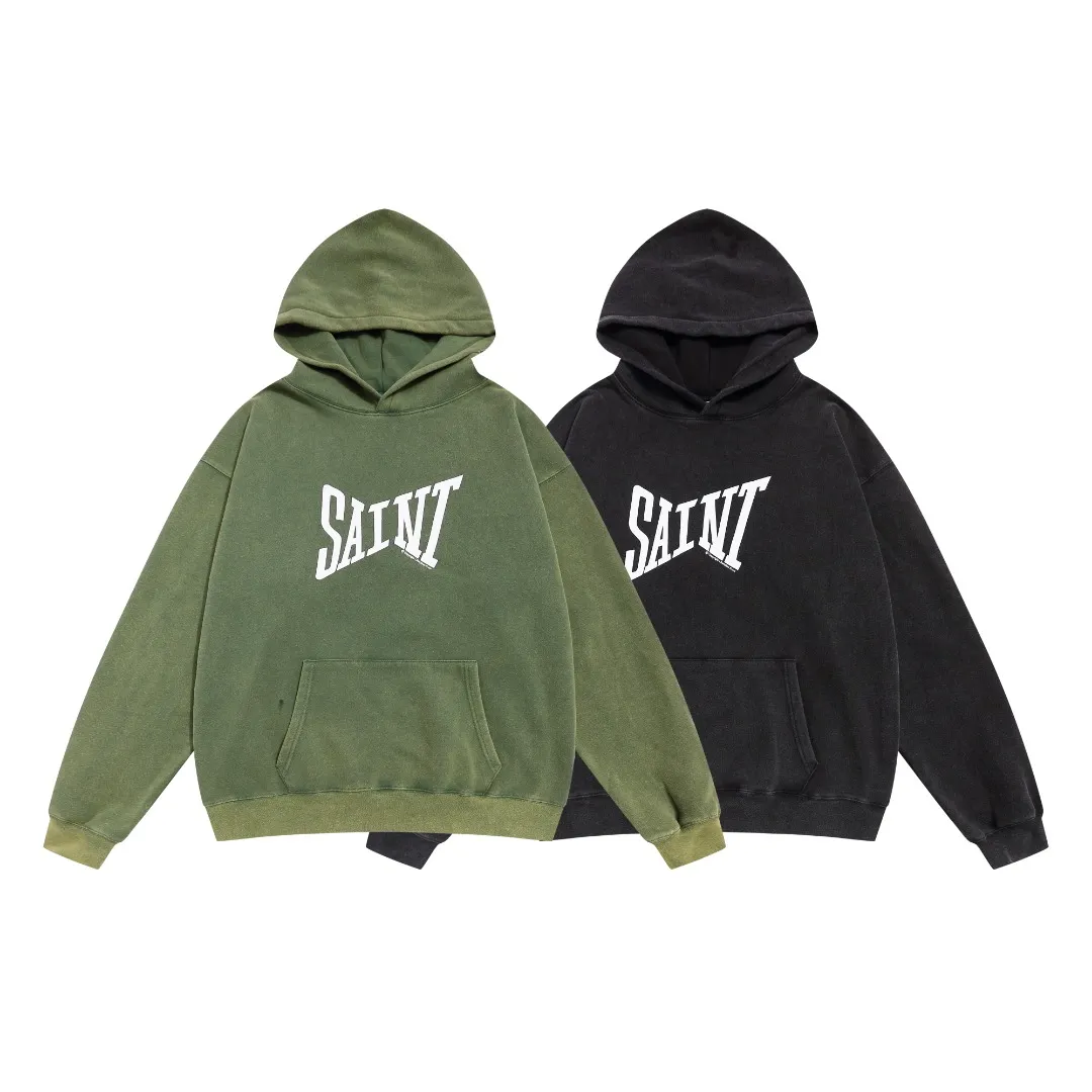 Saint Michael SAINT basic letter print distressed washed loose hoodie plus velvet loose sweatshirt Fabric: 420g Style number: SM633 Size: S-M-L-XL Color: black-dark green Price: P236